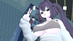 barely_covered_breasts chest_tattoo ciggarate small_shirt smoking_cigarette thin_shirt twintails vrchat vrchat_avatar