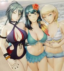 3d 3girls alternate_costume arm_around_waist armpits ass bangs bare_shoulders bare_thighs beach big_ass bikini black_nails black_one-piece_swimsuit black_swimsuit blonde_hair blue_bikini blue_eyes blue_hair blue_swimsuit breasts choker cleavage collarbone dochaunt24 ear_piercing feather_hair_ornament female female_only fire_emblem flower green_eyes green_hair grey_bikini grey_nails grey_swimsuit grin hair_flower hair_ornament hairpin hand_on_own_thigh kurono_kiria large_breasts light-skinned_female light_skin lineup long_hair looking_at_viewer medium_breasts medium_hair multiple_girls multiple_hairpins nail_polish navel navel_cutout nintendo ocean one-piece_swimsuit oribe_tsubasa outdoors own_hands_together pale-skinned_female pale_skin piercing ponytail pose short_hair short_shorts shorts shoulders small_breasts smile standing stomach striped_bikini swimsuit teal_eyes teal_hair thighs tokyo_mirage_sessions_#fe trio very_long_hair white_bikini white_swimsuit yumizuru_eleanora