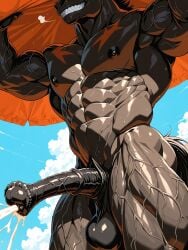 1boy abs ai_generated animal_genitalia armpits balls ballsack beach_umbrella biceps black_body black_hair breath_cloud cumshot equine equine_penis grin hidden_eyes jerryc male_only medial_ring muscular_male muscular_thighs nipples smiling_at_viewer teeth veiny_penis