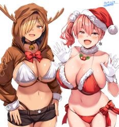 2girls absurd_res belko belly_button big_breasts bikini bikini_bottom bikini_top blonde_female blonde_gyaru_(belko) blonde_hair breasts brown_eyes brown_skin brown_skinned_female christmas christmas_bikini christmas_hat christmas_outfit cleavage dated ear_piercing female female_only gloved_hands gloves hair hair_ornament hair_over_one_eye hi_res huge_breasts jingle_bell jingle_bell_collar large_breasts light-skinned_female light_skin navel original original_character original_characters pink-haired_gyaru_(belko) pink_hair purple_eyes reindeer_antlers reindeer_costume short_hair short_shorts shorts side_ponytail simple_background thick_thighs thighs twitter_username waist white_background white_bikini white_bikini_top white_gloves wrist_cuffs