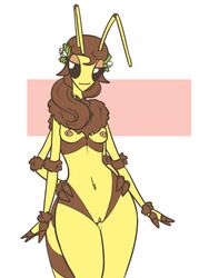 3_fingers 4_arms abdomen antennae anthro arm_tuft arthropod bedroom_eyes bee bee_girl biped black_sclera breasts brown_body brown_fur brown_hair brown_stripes claws clitoral_hood clitoris eyelashes female fingerless_(marking) flower_crown front_view fur hair half-closed_eyes hand_on_hip honeybee insects legs_together long_hair looking_away multi_arm multi_limb navel neck_tuft nipples non-mammal_breasts nude pink_background ponytail portrait pussy seductive simple_background slightlysimian small_breasts small_waist smile solo standing striped_body stripes three-quarter_portrait tuft two_tone_body white_background white_eyes white_pupils wide_hips yellow_body