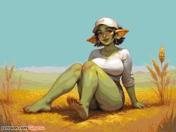 ai_generated barefoot black_hair farm farm_girl farmgirl feet foot_fetish foot_focus gigatsu goblin goblin_female green_skin outdoors pointy_ears sky sole_female soles toes