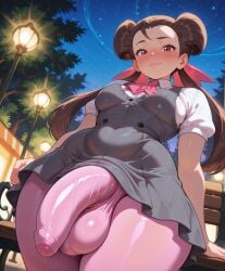 ai_assisted ai_generated below_view brown_hair bulge bulge_down_leg bulge_through_clothing bulge_to_side bulge_under_clothes cute_face dickgirl dress full-package_futanari futa_only futanari hair_bun heavy_blush heavy_breathing huge_balls huge_cock inpainted long_hair looking_at_viewer massive_penis medium_breasts nervous night pantyhose pink_panties pokemon red_eyes roxanne_(pokemon) taker_pov twintails yuckle