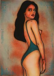 69_tattoo black_haur blue_swimsuit bracelet_tattoo female female_focus female_only george_shmeykal jiri_smejkal long_hair painting_(artwork) red_lips simple_background tattoo