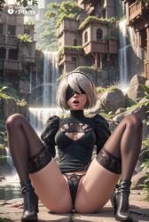 1girls 2b_(nier:automata) ai_generated artist_name ass black_blindfold black_dress black_footwear black_gloves black_hairband black_panties black_thighhighs blindfold boots breasts cameltoe cleavage cleavage_cutout clothing_cutout covered_eyes dress facing_viewer full_body gloves hairband hi_res high_heel_boots high_heels juliet_sleeves lips long_sleeves medium_breasts mole mole_under_mouth nier:_automata nier_(series) nier_replicant open_mouth outdoors panties parted_lips plant puffy_sleeves r34arts ruins short_hair sitting solo spread_legs thighhighs thighhighs_under_boots underwear water white_hair yorha_2b