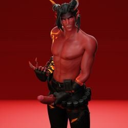 black_hair demon demon_boy dominion_(fortnite) eye_contact fortnite fortnite:_battle_royale gay gay_sex male male_only masturbation red_body red_skin solo solo_focus solo_male