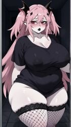 1girl 1girls ai_generated astrawaifu big_breasts female_only fishnet_legwear fishnets krul_tepes large_breasts light-skinned_female owari_no_seraph pale-skinned_female pink_hair red_eyes seraph_of_the_end thick_lips thick_thighs vampire vampire_girl