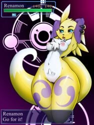 2017 anthro areola armwear black_nose black_sclera blue_eyes breasts bridal_gauntlets claws clothing digimon english_text female fur gui hands_behind_head health_bar looking_away multicolored_fur navel nipples nude piffmiff pose pubes purple_background pussy renamon simple_background solo standing teeth text thick_thighs thigh_gap tongue tongue_out white_fur wide_hips yellow_fur