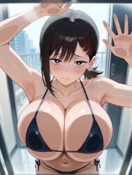 against_glass ai_generated artist_request bikini black_eyes black_hair blush breasts_against_glass chainsaw_man embarrassed gigantic_breasts higashiyama_kobeni huge_breasts light-skinned_female light_skin looking_at_viewer massive_breasts ponytail shounen_jump solo_female squatting sweat sweatdrop thick_body thick_female voluptuous voluptuous_female