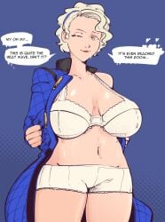 blonde_hair bra breasts breasts_bigger_than_head commission commissioner_upload dialogue eye_closed half_naked lipstick margaret_(persona) megami_tensei mrplow34 navel one_eye_closed panties persona persona_4 shiny_skin silver_hair smile stripping sweat sweating sweating_female sweating_profusely taking_clothes_off thick_thighs thighs underwear yellow_eyes