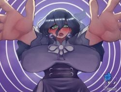 1girls big_breasts black_hair blindneko99 blush clothed clothing earrings female female_only green_eyes hex_maniac hex_maniac_(z-a) hi_res looking_at_viewer nintendo open_mouth outstretched_arms pokemon pokemon_legends:_z-a solo spiral_eyes