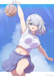 1girls basketball big_breasts blue_background blue_eyes blush clothed clothing female hair_over_one_eye large_breasts medium_hair midriff navel platinum_hair simple_background smiling subten swinging_breasts white_shirt yuuko_nishinen