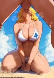 1boy 1girls 2025 2d 2d_(artwork) ai_assisted artist_name beach between_legs big_breasts bikini blonde_hair blowjob cleavage closed_eyes color erotic_nansensu fantastic_four fellatio female_focus from_below hands_between_legs invisible_woman kneeling kneeling_oral_position marvel marvel_comics marvel_rivals midriff oral partial_male patreon_username penis saliva sand sea seaside shiny_skin side-tie_bikini sky spread_legs straight sue_storm swimwear testicles thick_thighs watermark white_bikini