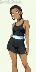 _yumidreams ai_generated avatar_the_last_airbender black_shirt blue_eyes braided_ponytail chocker collarbone dark-skinned_female jewelry katara looking_up no_bra patreon_username petite simple_background thighs