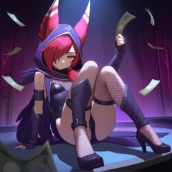 animal_ears fishnets heels high_heels hood hood_up league_of_legends leotard money nightclub on_back red_hair riot_games toes vastaya xayah