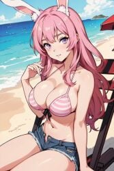 ai_generated beach beach_background big_breasts bikini bikini_top bunny_ears bunny_girl bunny_tail chair jean_shorts jeans jorts large_breasts long_hair no_panties ocean sakura_mio sitting thick_thighs thunder_thighs thunderthighs whxsperrai