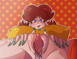 artlaccer_(artist) blue_eyes bodily_fluids bottomless brown_hair exposed_pussy light_skin low-angle_view mario_(series) nipple_piercing nipples_visible_through_clothing open_pussy princess_daisy pussy pussy_juice pussy_sweat sweat sweatdrop vagina