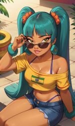 ai_generated ass bigmic145 brazil brazilian brazilian_miku brazilian_miku_(cosplay) breasts chel chel_(the_road_to_el_dorado) cosplay crop_top dark-skinned_female double_ponytail dreamworks g-string jewelry midriff navel, shorts solo solo_female tanline the_road_to_el_dorado