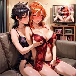 2girls ai_generated arisawa_tatsuki black_hair bleach inoue_orihime omegashadowz red_hair tatsuki_arisawa yuri