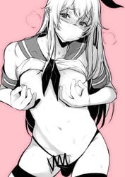 1boy blush censored collarbone condom contrapposto crossdressing heavy_breathing highres inari_(inariya) inari_(kimitama0902yahoocojp) kantai_collection long_hair looking_to_the_side male male_only mask monochrome nipple_tweak penis pink_background revision shimakaze_(kantai_collection) shirt_lift simple_background skindentation solo standing surgical_mask sweat thong trap used_condom