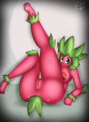 2017 4_toes 5_fingers absurd_res anthro anus areola barefoot blush breasts clitoris digital_media_(artwork) e-01 feet female food food_creature fruit green_eyes green_hair hair hi_res humanoid looking_at_viewer merry_(e-01) nipples nude pink_body pink_skin pussy red_body red_nipples red_pussy red_skin simple_background soles solo strawberry teeth toes