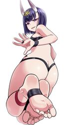 ass ass_cleavage barefoot butt_crack fate/grand_order fate_(series) feet female forklift_certified half-closed_eyes horns looking_at_viewer looking_back parted_lips pov purple_eyes purple_hair shuten_douji_(fate) soles stirrup_legwear stirrup_socks toes