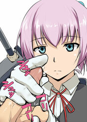 1boy 1girls balls blue_eyes caressing_balls caressing_testicles dangorou_(yushi-art) expressionless female gloved_handjob gloves handjob kantai_collection light-skinned_female light-skinned_male light_skin looking_at_penis male penis precum purple_hair shiranui_(kantai_collection) simple_background testicles white_background white_gloves