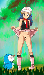 armad bad_id bar_censor bare_shoulders beak beanie black_legwear black_shirt black_socks blue_eyes blue_hair blue_sky blush boots breasts censored cleft_of_venus collarbone dawn_(pokemon) day female flashing forest from_behind full_body grass hair_ornament hairclip hands_up happy hat highres innie_pussy legs_apart lifted_by_self looking_at_viewer looking_up looks_original matching_hair/eyes miniskirt nintendo no_panties nosebleed open_mouth outdoors pigeon-toed pink_boots pink_footwear pink_skirt piplup pokemon pokemon_(species) pokemon_dppt pussy red_scarf scarf shiny_skin shirt skirt skirt_lift sky sleeveless sleeveless_shirt small_breasts smile socks standing tail tied_hair tree uncensor_request white_hat