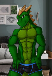 abs anthro bed bedroom biceps briefs bulge clothed clothing green_eyes green_scales horn inside lizard looking_at_viewer male male_only muscular muscular_male obliques pecs penis reptile saruuk scales scalie smile solo standing teasing topless triceps underwear underwear_down undressing