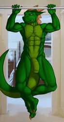 abs anthro balls biceps claws exercise flaccid green_eyes green_scales horn humanoid_penis legs_up lizard male male_only muscular muscular_male nipples nude obliques pecs penis reptile saruuk scales scalie smile solo teeth toe_claws triceps uncut