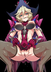 ass black_background black_legwear blonde_hair blue_eyes blush breasts breasts_out carol_malus_dienheim censored commentary_request elbow_gloves eyebrows_visible_through_hair female gloves hat highres large_breasts looking_at_viewer mole mole_under_eye mosaic_censoring naughty_face nipples no_panties older open_mouth presenting purple_gloves pussy pussy_juice senki_zesshou_symphogear shiny shiny_clothes shiny_hair shiny_skin short_hair shunzou side_cutout simple_background skirt skirt_lift smile solo spread_legs squatting thighhighs thighs witch_hat