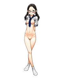 arms_behind_back artist_request black_eyes black_hair blush bottomless breasts embarrassed female female full_body glasses legs_crossed long_hair looking_at_viewer low_twintails navel neckerchief nipples open_clothes original pussy red-framed_glasses school_uniform semi-rimless_glasses serafuku shirt shirt_lift simple_background socks solo standing sweat twintails uncensored under-rim_glasses white_background