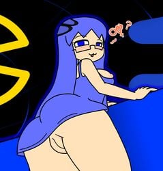 1girls :3 anus aqua_hair ass blue_dress blue_eyes blush breasts glasses inky inky_(pac-man) inviting looking_at_viewer looking_down namco pac-man pac-man_(series) pac-man_ghost_dance_(minus8) pussy question rule_63 smile solo_female upskirt