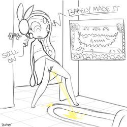 bottomless desperation english_text female female_only long_hair meloetta missing_toilet monochrome nintendo peeing pokemon public_humiliation pussy sketch small_breasts solo standing text toilet uncensored urine video_games white_skin