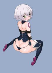 1girls ass assassin_of_black blush butt_crack fate/apocrypha fate/grand_order fate_(series) female green_eyes jack_the_ripper_(fate/apocrypha) looking_back rei_(rei_rr) solo thighhighs thong white_hair