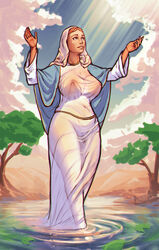 1girls big_breasts blue_eyes boobsgames breasts casual christianity clothing cloud clouds dress female female_only half-closed_eyes hands hips huge_ass huge_breasts human human_only leaves legs light-skinned_female light_skin lips nipples outerwear pussy see-through sky solo source_request sunlight teeth thick_thighs tree trees virgin_mary voluptuous voluptuous_female water wide_hips