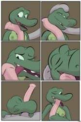 2018 alligator angie_(study_partners) anthro areola big_penis breasts closed_eyes comic crocodilian duo elephant faceless_male fangs female green_eyes licking male mammal nipples one_eye_closed open_mouth oral page_184 penis ragdoll_(study_partners) reptile scalie straight study_partners teeth thunderouserections tongue tongue_out trunk young