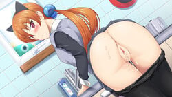 alisa_southerncross animal_ears anus ass black_legwear blush cat_ears censored closed_mouth cum cum_in_pussy cum_on_ass dutch_angle fake_animal_ears faucet female hair_bobbles hair_ornament indoors keroro_gunsou kitchen long_hair looking_at_viewer looking_back mosaic_censoring mottio orange_hair pantyhose pantyhose_pull pot pussy skirt skirt_lift solo sweatdrop twintails very_long_hair