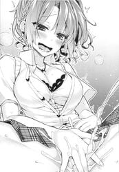 after_sex blush boku_no_kanojo_wa_shojo_bitch_seito_kaichou!? bottomless breasts covering_crotch cum cum_inside female giuniu greyscale large_breasts monochrome no_panties novel_illustration open_mouth plaid_skirt pleated_skirt simple_background skirt skirt_lift