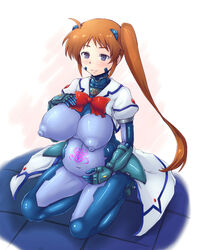 blue_eyes blush breasts clothing covered_navel erect_nipples female large_breasts lyrical_nanoha mahou-ya mahou_shoujo_lyrical_nanoha_strikers pregnant skin_tight smile solo takamachi_nanoha