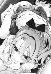 1boy 69 blush boku_no_kanojo_wa_shojo_bitch_seito_kaichou!? braid clothed_sex fellatio female giuniu greyscale hairbow invisible_penis monochrome no_eyes novel_illustration oral plaid_skirt pleated_skirt skirt