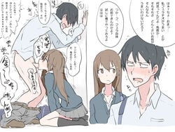 1boy black_hair blush brown_eyes brown_hair commentary_request earrings fellatio female hair_ornament hairclip instant_loss_2koma jewelry kaika long_hair oral original panels pants_down profile school_uniform translation_request trembling wavy_mouth