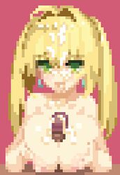 1boy animated areolae blonde_hair blush breasts closed_eyes collarbone cum cum_on_breasts earrings ejaculation erection facial fate/extra fate/grand_order fate_(series) female green_eyes kunabishi large_breasts looking_at_viewer nero_claudius_(fate) nero_claudius_(swimsuit_caster) nipples paizuri pixel_art pov red_background tongue tongue_out topless twintails ugoira upper_body