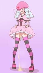 10s :d blue_eyes blush cabbie_hat capelet clothing dress dress_lift embarrassed female full_body happinesscharge_precure! hat hosshiwa innie_pussy lavender_background lifted_by_self long_hair no_panties ogry_ching open_mouth peeing platform_footwear precure pretty_cure pussy ringlets shoes silver_hair simple_background smile solo standing stockings striped striped_legwear sweatdrop thighhighs trembling uncensored