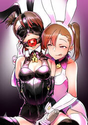 2girls :p animal_ears arms_behind_back ball_gag black_leotard blindfold bondage bound breasts brown_hair bunny_ears bunnysuit cleavage cleavage_cutout clothing collar drooling elbow_gloves femdom femsub futami_ami futami_mami gag gagged gloves heart heart-shaped_lock heart-shaped_pupils highres hitachi_magic_wand idolmaster incest leotard licking_lips mask momo_no_suidou-sui multiple_girls padlock padlocked_collar pink_gloves pink_legwear pink_leotard red_eyes saliva siblings side_ponytail slave small_breasts symbol-shaped_pupils thighhighs tongue tongue_out twincest twins vibrator wrist_cuffs