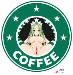 areolae blush breasts clitoris female green_eyes green_hair highres long_hair looking_at_viewer pussy smile solo spread_legs starbucks starbucks_siren striped striped_legwear thighhighs uncensored