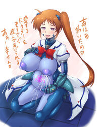 blue_eyes blush breasts clothing covered_navel erect_nipples female lactation large_breasts lyrical_nanoha mahou-ya mahou_shoujo_lyrical_nanoha_strikers pregnant skin_tight smile solo takamachi_nanoha tongue translation_request