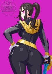 alluring ass big_breasts bodysuit brown_hair female ichikawa_sumino no.1_sentai_gozyuger no_headwear otokamu pin_up pink_eyes solo super_sentai