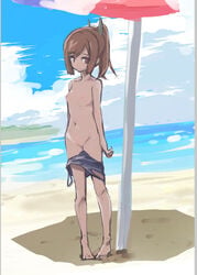 barefoot beach beach_umbrella blue_swimsuit blush breasts brown_eyes brown_hair caburi_aki cloud exhibitionism feet female female full_body hair_ornament high_ponytail i-401_(kantai_collection) kantai_collection looking_to_the_side navel nipples ocean one-piece_swimsuit outdoors ponytail pussy school_swimsuit shadow sky small_breasts smile solo standing swimsuit swimsuit_pull toes uncensored water