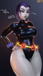 1girls 3d annoyed annoyed_face big_breasts breasts clothed clothed_female dc dc_comics female female_focus female_only full_color fully_clothed gray_skinned_female grey_skin grey_skinned_female heroine judging leotard looking_at_viewer no_penetration purple_hair purple_hair_female rachel_roth raven_(dc) short_hair smitty34 solo solo_female solo_focus superheroine talking_to_viewer teen_titans text